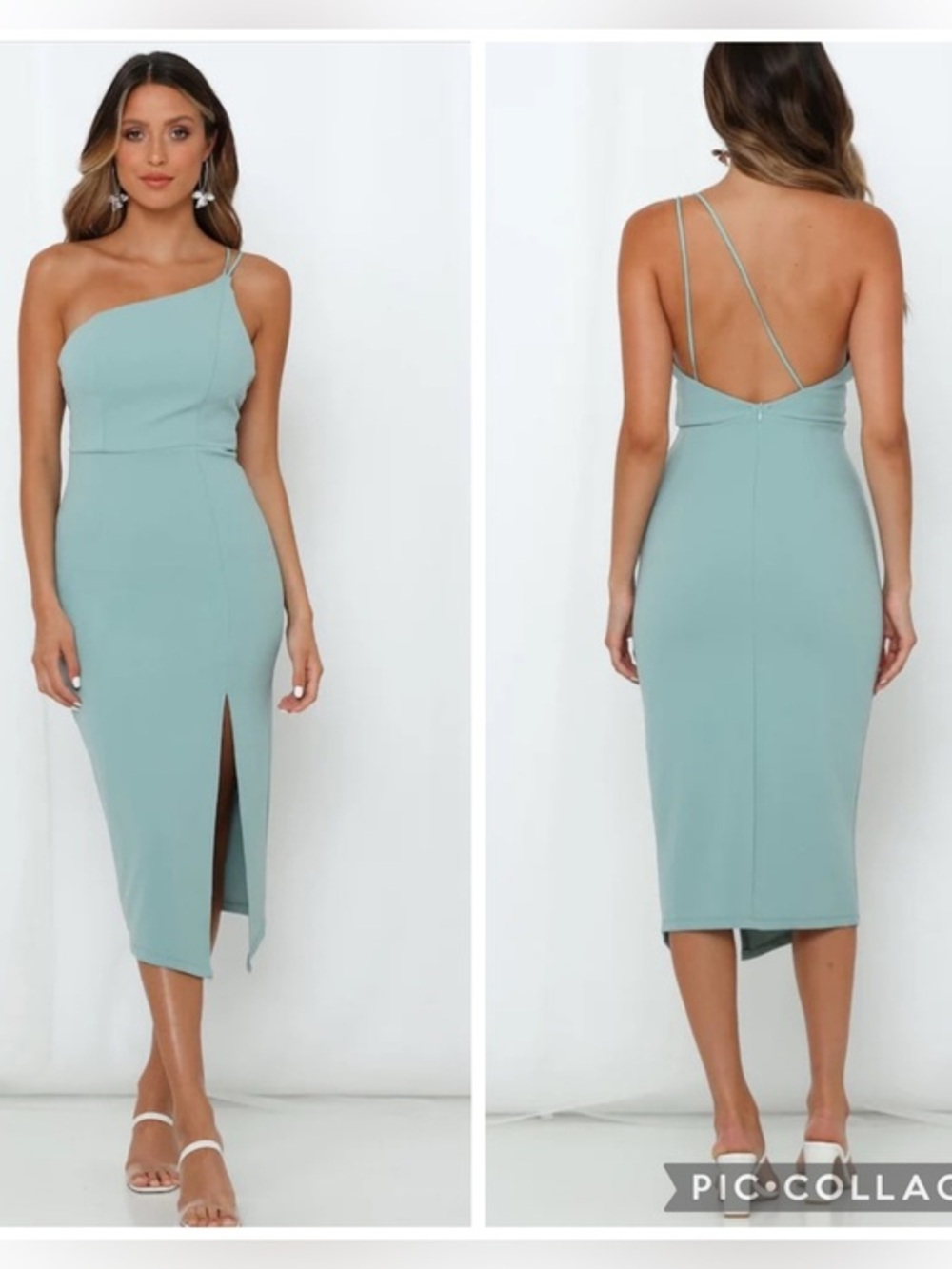Hello Molly One-Shoulder Mint Green Midi Dress with Front Slit size L